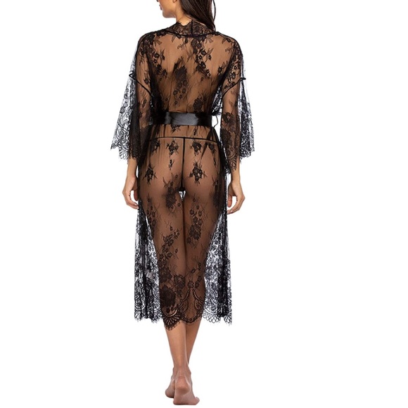 Long Lace Lingerie Kimono Robe Swimsuit Cover Up - Picture 7 of 8